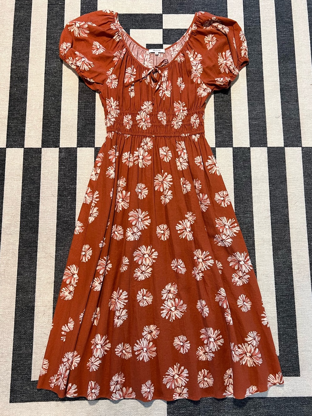 NWOT Madewell Sophia Midi Dress Boho Smocked Peasant Dress Size Med Rust/White